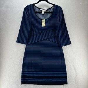 Max Studio Dress Size M Shift Striped 3/4 Sleeve Knee Length Jersey Stretch Blue